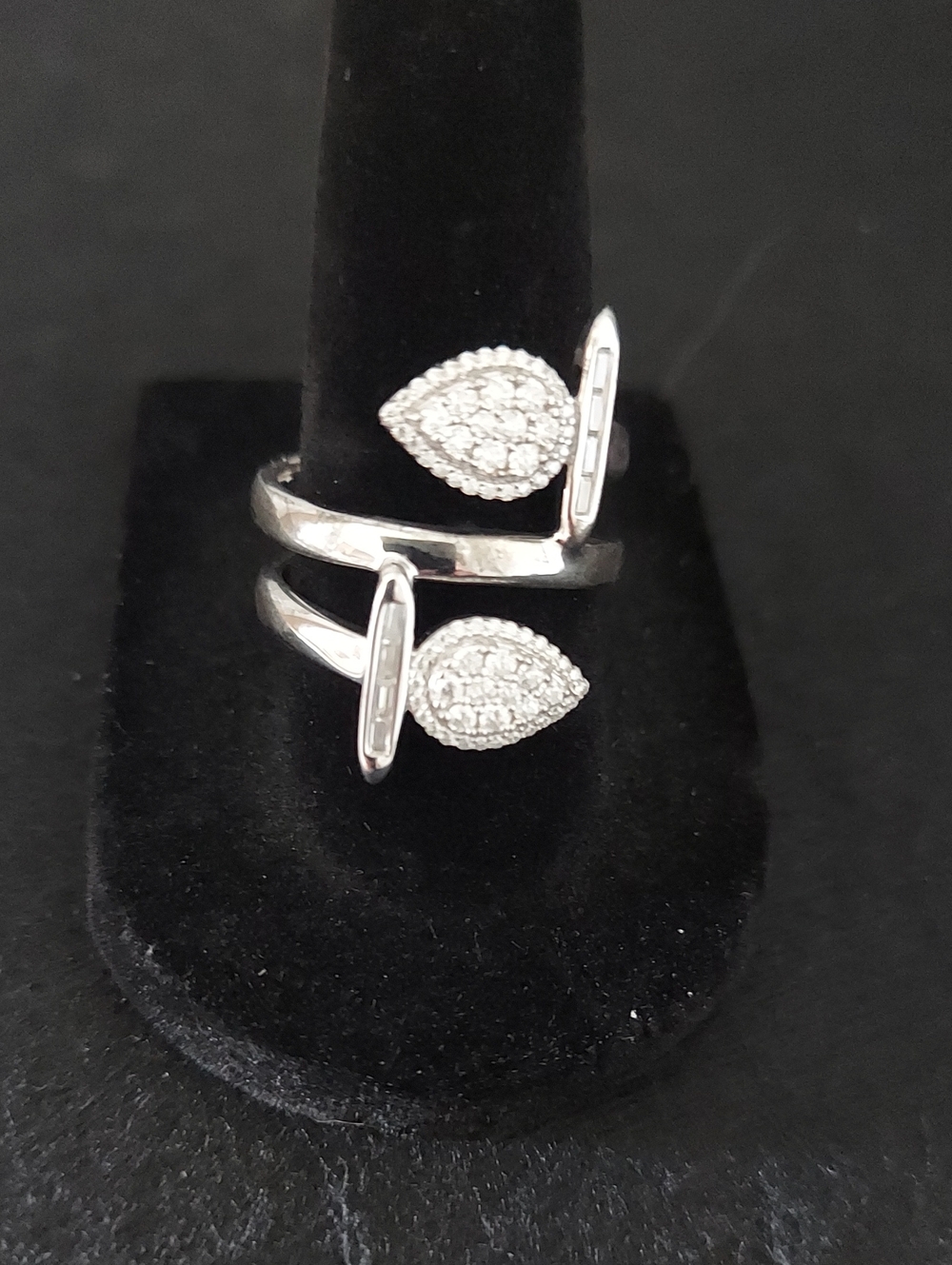 Sterling Silver Open Teardrop Ring with White Pavé Accents